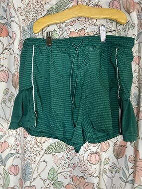 Green Striped Athletic Shorts with Drawstring